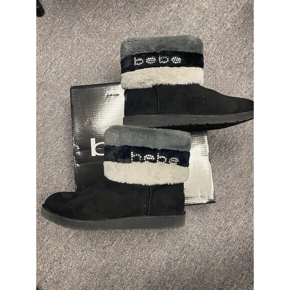 Bebe Black/Grey Boots Faux Fur Size 9.5 - Picture 3 of 13